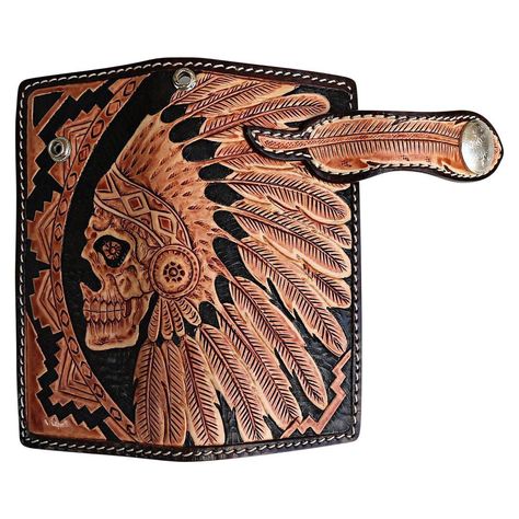 100% Genuinne Leather. This durable Indian Biker Wallet from cowhide features a nicely detailed Indian Chief Skull wearing a feather headpiece. ✔ FREE SHIPPING. Aztec Skull Tattoo, Aztec Skull, Harley Men, Cowgirl Stuff, Skull Stencil, Indian Feathers, Indian Skull, Skull Wallet, Harley Motorcycle