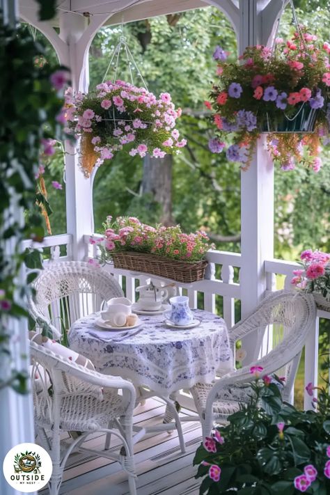 A cottage core balcony that's a dreamy escape for tea time. Cozy up and tap to see more! Shabby Chic Balcony, Cottage Core Balcony, Cottage Core Patio, Veranda Ideas Small Terraces, Cottage Balcony, Tea Party Food Ideas, Outdoor Cottage, Old Home Renovation, Tiny Patio