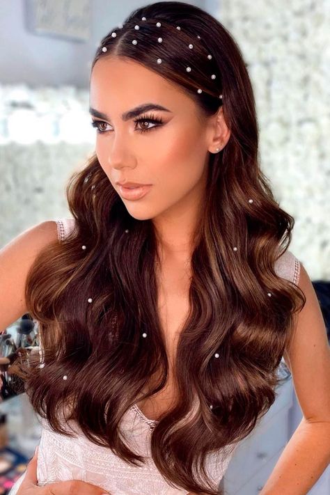 Open Party Hairstyles, Rhinestone Hair Braid, Hair Styles Glitter, 21st Hairstyles Long Hair, Hair Styles For 21st Birthday Party, Nye Party Hairstyles, Glitz And Glam Hair And Make Up, Glitz And Glam Make Up Look, Cute Hairstyles For Long Hair Wedding