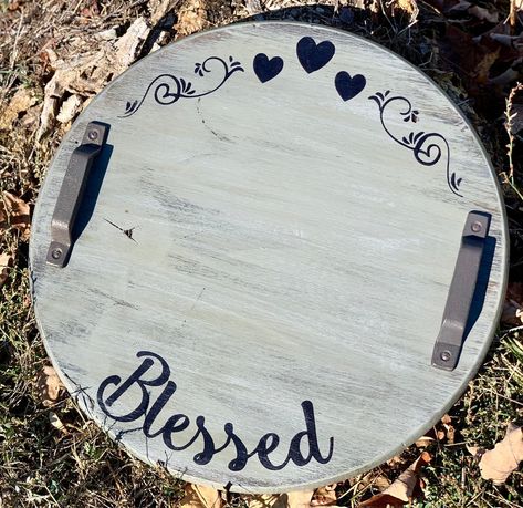 Painted Lazy Susan, Spool Art, Lazy Susan Tray, Wooden Lazy Susan, Rustic Serving Trays, Wood Lazy Susan, Round Signs, Etched Mirror, Chalk Paint Colors