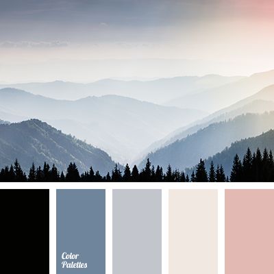 black, black and pink, blue and pink, Blue Color Palettes, color of fog in the mountains, dairy color, dawn colors, fog color, gray with a shade of blue, grey blue, pink, tender pink. Blue And Gray Color Scheme, Color Scheme With Black, Blue Gray Bedroom, Palettes Color, Color Palette Ideas, Black Color Palette, Yellow Colour Scheme, Color Pallete, Palette Ideas