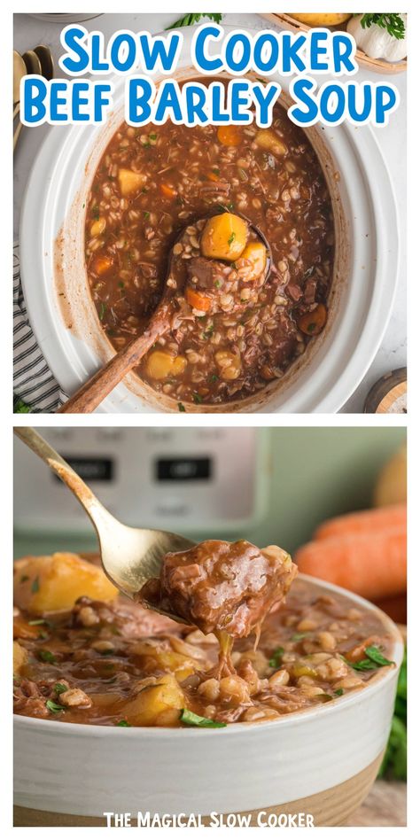 This Crockpot Beef Barley Soup is made with refreshing vegetables, herbs, potatoes, and a heaping amount of beef stew meat. Quick barley adds the final touch to this delicious soup making it hearty and something the whole family will enjoy. - The Magical Slow Cooker Crockpot Beef And Barley Stew, Beef Barley Soup In Crockpot Slow Cooker, Slow Cooker Beef And Barley Soup, Beef With Barley Soup, Crock Pot Beef Barley Soup, Beef Barley Soup Recipes Slow Cooker, Vegetable Beef Soup Slow Cooker, Beef Barley Soup In Crockpot, Slow Cooker Beef Soup