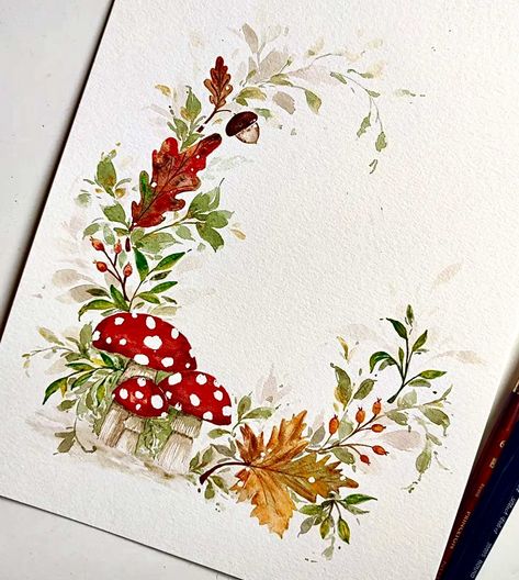 Leaves Wreath, Christmas Card Art, Diy Watercolor Painting, Watercolour Inspiration, Fall Watercolor, Watercolor Flower Art, Watercolor Painting Techniques, 수채화 그림, Wreath Watercolor