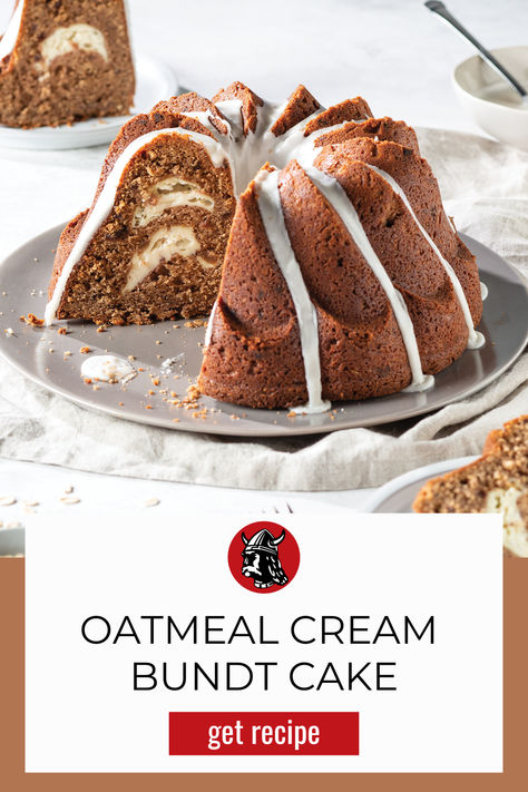 Oatmeal Creme Bundt cake, get recipe. A glazed oatmeal cream Bundt cake on a gray plate with two slices cut out from it to reveal a cream cheese swirl inside. The two pieces that were cut out are on small white plates surrounding the larger cake. In the background, there is a bowl of extra glazed. Oatmeal Cream Pie Wedding Cake, Cream Filled Bundt Cake, Oatmeal Cream Pie Cake, Sour Cream Coffee Cake Recipe Bundt Pans, Southern Living Spiced Cream Cheese Bundt Cake, Nordic Ware Bundt Cake Recipes, Pie Cake Recipe, Oatmeal Cream Pie, Bundt Recipes