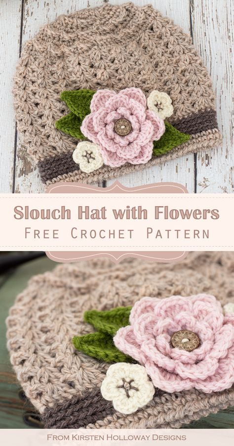 Crochet a cute slouch hat for girls with pretty flowers on the side. This crochet pattern uses easy stitches to create the beautiful texture. #kirstenhollowaydesigns Crochet Hat Flowers Free Pattern, Kirsten Holloway Designs, Crochet Hat With Flower, Crochet Flowers For Hats, Crochet Hats With Flowers, Free Crochet Hat Patterns For Kids, Crochet Kids Hats Free Patterns, Crochet Adult Hats Free Pattern, Kids Crochet Hats Free Pattern