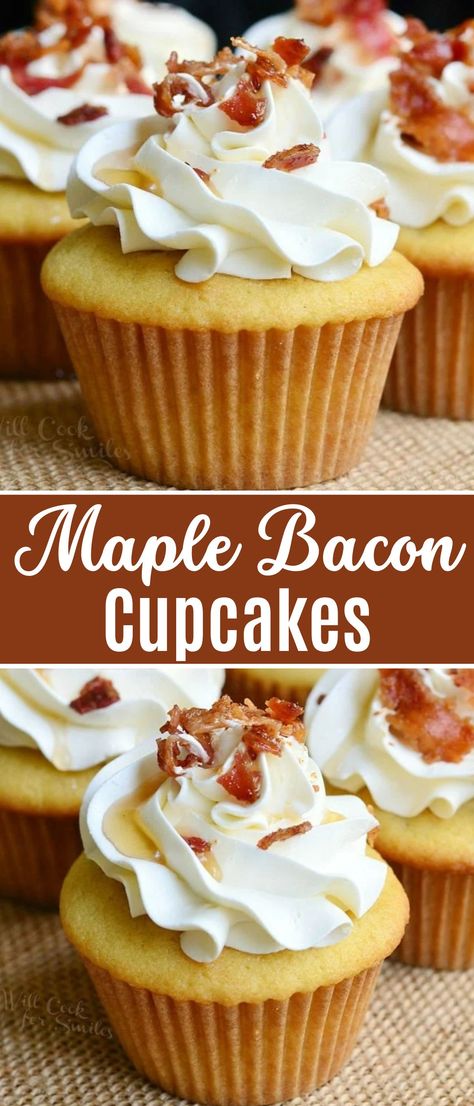 Maple Syrup And Bacon Cupcakes, Bacon Dessert, Angel Food Cake Cupcakes, Bacon Cupcakes Recipe, Maple Cupcakes, Maple Buttercream Frosting, Maple Bacon Cupcakes, Bacon Cake, Bacon Desserts