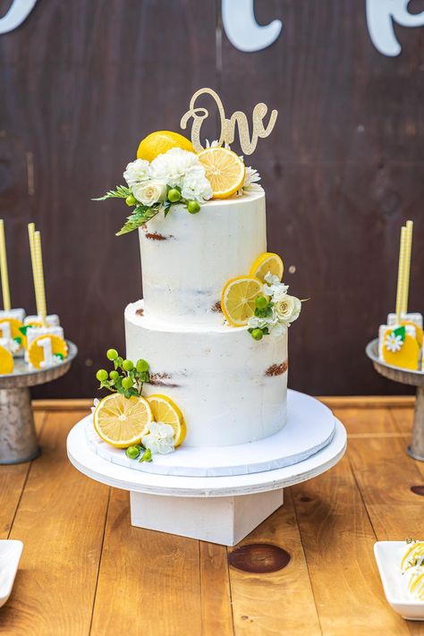 Two Tier Lemon Wedding Cake, Lemon Tiered Cake, Lemon Theme Cake, Lemon Orange Cake, Lemon Themed Cake, Lemon Naked Cake, Painted Oranges, Lemon Lime Cake, Lemon Birthday Cakes