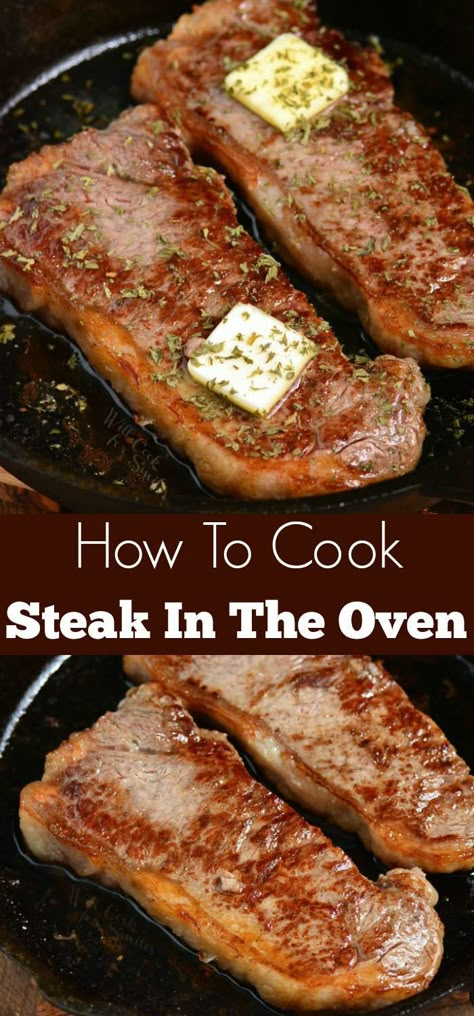 How To Cook Steaks In The Oven. Making steak in the oven is quick and easy, no grill needed. Just choose your favorite steak, season it simply with salt and pepper, sear in a skillet, and move into the oven to finish. #steak #beef #easydinner Best Way To Cook Sirloin Steak, Oven Cooked Steaks, Steak How To Cook, Roast Steak In Oven, Steak In The Oven Sheet Pan, Ribeye In The Oven, Sirloin In Oven, Ways To Make Steak, Steak Dinner Ideas Ovens