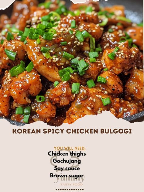 🔥 "Indulge in Korean Spicy Chicken Bulgogi—tender, spicy chicken with a rich, savory marinade. Perfect for any meal! 🍗🌶️ #Bulgogi #KoreanCuisine" Korean Spicy Chicken Bulgogi Ingredients: Chicken thighs (500 g, sliced) Gochujang (2 tbsp) Soy sauce (2 tbsp) Brown sugar (1 tbsp) Garlic (4 cloves, minced) Ginger (1 tsp, minced) Sesame oil (1 tbsp) Green onions (2, chopped) Sesame seeds (1 tbsp) Instructions: Mix gochujang, soy sauce, brown sugar, garlic, ginger, and sesame oil. Marinate chic... Spicy Chicken Bulgogi, Bulgogi Chicken, Korean Spicy Chicken, Chicken Bulgogi, Gochujang Chicken, Korean Kitchen, Korean Chicken, Onion Chicken, Spicy Pork