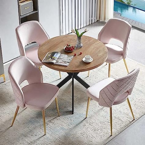 NORDICANA 5-Pieces 37-Inch Dining Table Set for 4 - Space Saving Round Table and Chairs with 4 Seaters Velvet Upholstered Chairs for Kitchen, Apartment (Light Pink) Round Dining Table Set, Round Table And Chairs, Chairs For Kitchen, Florida Decor, Round Dining Table Sets, Kitchen Apartment, Comfortable Dining Chairs, Unique Tables, Table Ronde