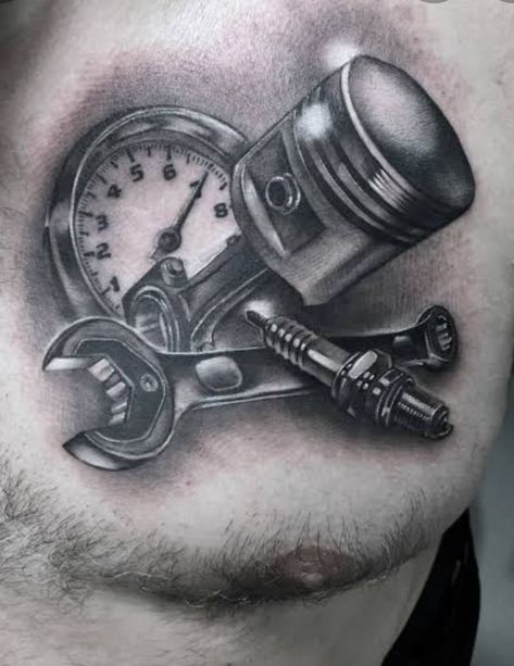 Car Mechanic Tattoo, Car Related Tattoos For Men, 1982 Tattoo, Bikers Tattoo, Father Son Tattoo, Engine Tattoo, Collage Tattoo, Corner Loft, Mechanic Tattoo