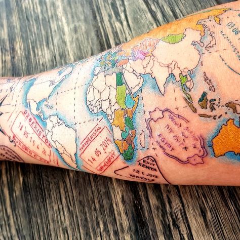 World Map Travel Tattoo, Travel Map Tattoo, Destination Tattoo, Passport Tattoo, Traveling Tattoos, Andy Tattoo, Jigsaw Tattoo, World Map Tattoo, Octopus Tattoo Sleeve