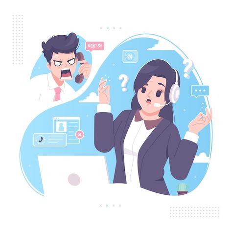 Customer service with angry caller illus... | Premium Vector #Freepik #vector #illustrations #business-cartoon #cartoon-design #business-illustration Business Cartoon Characters, Customer Service Illustration, Customer Illustration, Service Illustration, Happy Customer Service, Illustration Meaning, Shutterstock Design, Office Illustration, Angry Customer