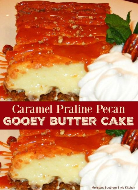 Caramel Praline Pecan Gooey Butter Cake Recipes With Butter Pecan Cake, Ooey Gooey Butter Pecan Cake, Praline Dessert Recipes, Gooey Butter Pecan Cake, Pecan Ooey Gooey Butter Cake, Cherry Ooey Gooey Butter Cake, Gooey Cake Recipes, Brownie Pecan Pie Ooey Gooey Butter Cake, Ooey Gooey Butter Cake Recipe