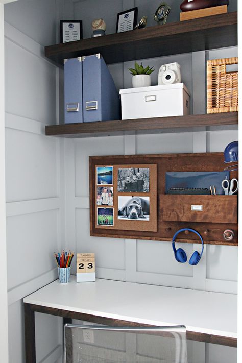 Small desk area in a corner with shelves on the walls                                                                                                                                                      More Boys Desk, Teen Boy Room, Teen Boy Bedroom, White Desk, Desk Areas, Bedroom Desk, Shelves In Bedroom