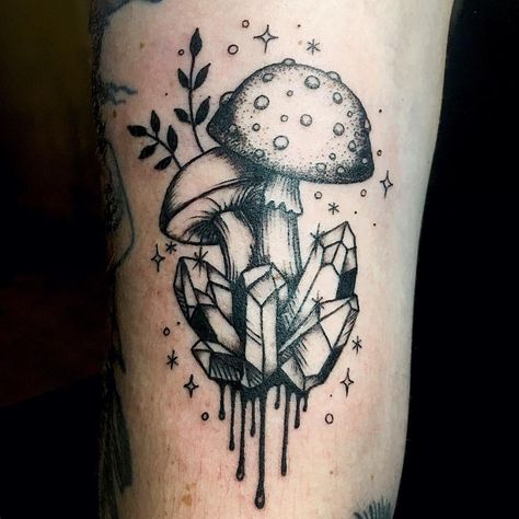 Mushrooms and crystals tattoo Mushrooms And Crystals Tattoo, Sun And Mushroom Tattoo, Crystal And Mushroom Tattoo, Skull And Crystal Tattoo, Crystal Mushroom Tattoo, Ink Cap Mushroom Tattoo, Skull And Mushrooms Tattoo, Mushroom Skull Tattoo, Crystal Tattoo Ideas