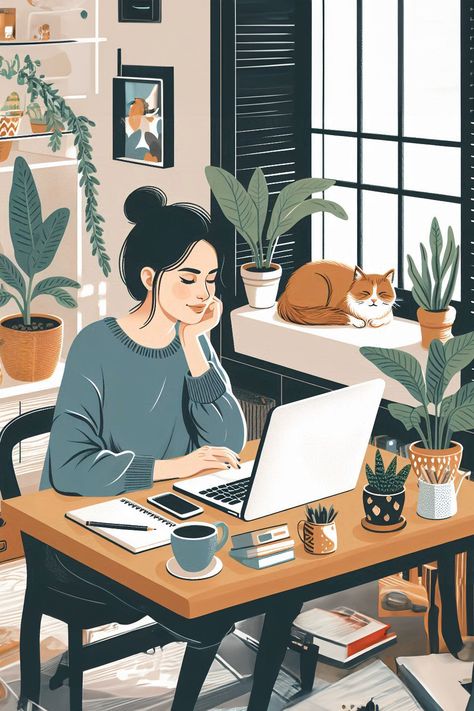 The illustration shows a woman working at home and sitting at the table Cat Working Illustration, Work Aesthetic Illustration, Study Illustration Aesthetic, Working Women Illustration Art, Staying Home Aesthetic, Working Women Aesthetic, Study Aesthetic Illustration, Work At Home Aesthetic, Working Woman Aesthetic