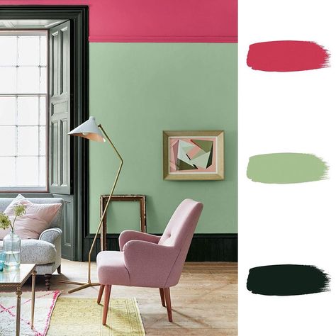 Little Greene on Instagram: “Our traditional Regency colour 'Pea Green 91' has been paired with 'Leather 191' & 'Obsidian Green 216' to create a peaceful yet playful…” Pink Mochi, Light Green Paint, Patterned Blinds, Bold Statements, Green Paint Colors, Little Greene Paint, Green Walls, Soft Furnishings Cushions, Elegant Dining Room