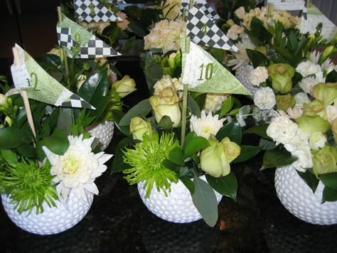 pinterest golf centerpieces | golf centerpiece ideas | fellow golfer and friend of mine came up with ... Golf Centerpiece Ideas, Golf Table Decorations, Golf Centerpieces, Golf Tournament Gifts, Golf Theme Party, Golf Party Decorations, Golf Ball Crafts, Golf Wedding, Sports Party Decorations