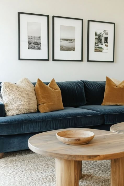 Navy Blue Color Palette Decor, Blue And Cognac Living Rooms, Dark Blue Couch Decor, Dark Blue Home Decor, Living Room Inspiration Blue Couch, Modern Navy Living Room, Dark Blue Sofa Living Room Decor, Blue Couch Decor Ideas, Navy Blue And Brown Living Room