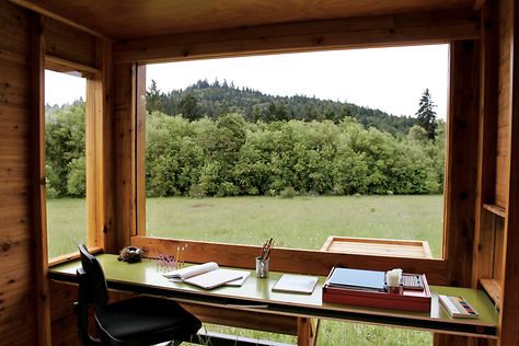 When she visits the Watershed, Kathleen's writing accoutrements are limited to paper and pencil. Writing Shed, Cottage Pool, Dream Writing, Writing Nook, Diy Architecture, Window With A View, Writing Studio, Pool Plants, Writing Room