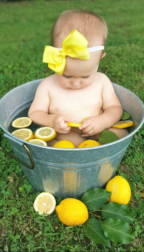 Lemon Baby One Year Portrait Photo shoot Lemon First Birthday Outfit, Fruit First Birthday Photoshoot, Lemon First Birthday Photos, Baby Lemon Photo Shoot, Summer Infant Photoshoot, Lemon One Year Birthday, Lemon Baby Photoshoot, Baby Watermelon Photo Shoot, June Baby Photoshoot