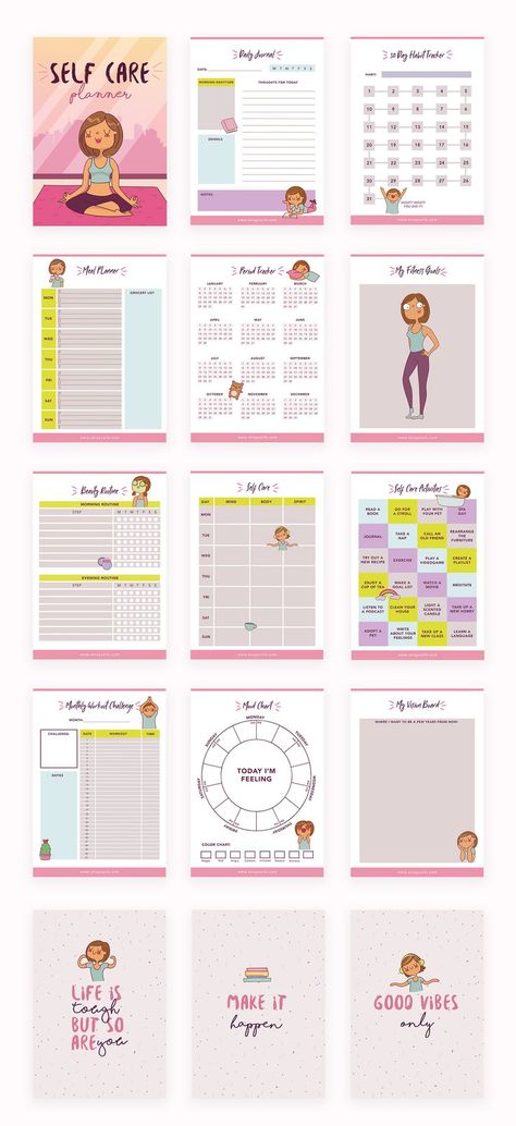 Super cute self care planner! You get 3 inspirational quotes, a mood tracker, monthly workout challenge, beauty routine tracker, self care activities list, and more! Click through to get your planner now! | #selfcare | This pin contains affiliate links. If you make a purchase, I’ll receive a small commission. Selfcare Planner Ideas, Selfcare Planner, Self Care Stickers, Girly Planner, Planer Organisation, Printable Self Care, Planner Fitness, Self Care Planner, To Do Planner