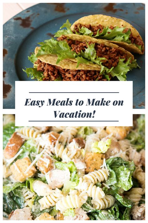 Have a kitchen in your vacation rental? Take a look at our ideas for recipes to make while on vacation to save money and sanity. Easy Beach Condo Meals, Dinner Ideas For Beach Vacation, Summer Vacation Recipes, Lunch Ideas For Cottage, Easy Meals To Make At The Beach, Vacation Condo Meals, Foods To Take On Vacation, Dinners To Make On Vacation, Meal Ideas For The Beach