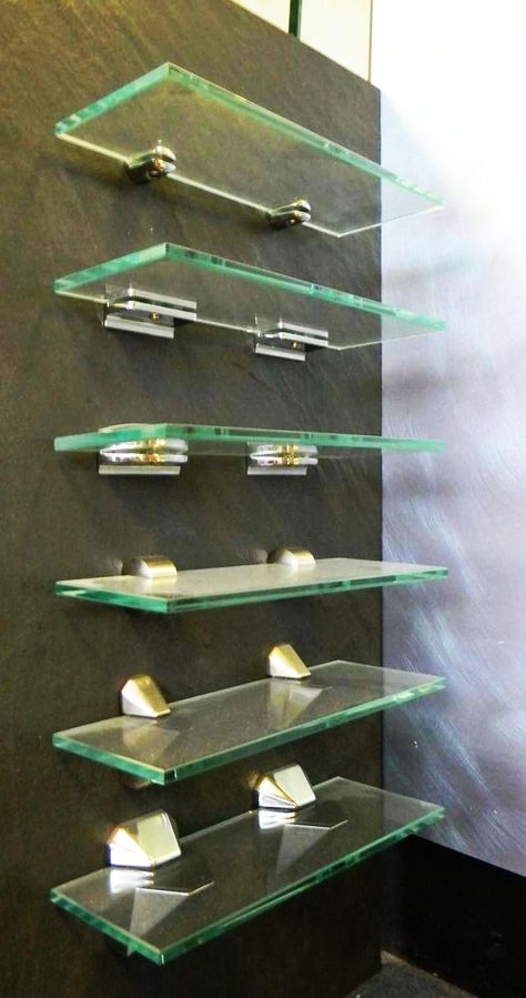 Glass Shelves with brackets. We stock a number of shelf bracket options in a range of finishes and cut glass shelving to size in clear, etched and tinted toughened glass.  www.goglass.co.uk Floating Shelves In Bedroom, Floating Shelves In Bathroom, Glass Floating Shelves, Shelves In Bathroom, Award Shelves, Patio Roof Extension Ideas, Etched Glass Door, Glass Shelf Brackets, Metal Floating Shelves