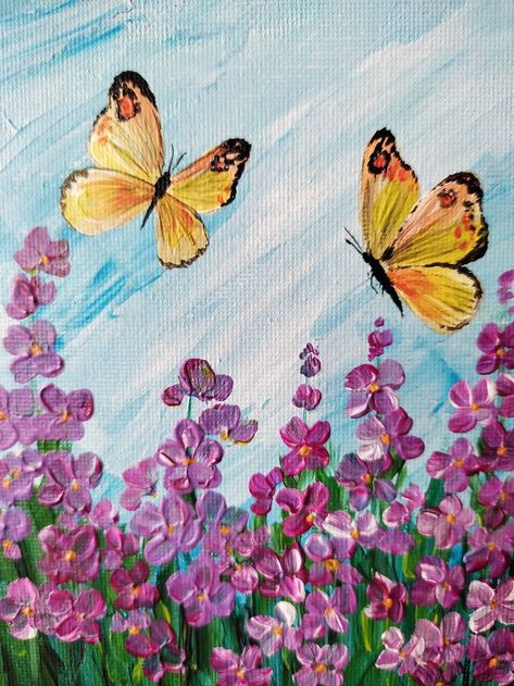 thats amazing art bring sone flowers Butterfly In Acrylic Painting, Butterfly With Flowers Painting, Flowers And Butterflies Painting, Mini Butterfly Painting, Butterfly On Flower Painting, Impasto Painting Easy, Spring Canvas Painting, Butterfly And Flower Painting, Flower Butterfly Painting