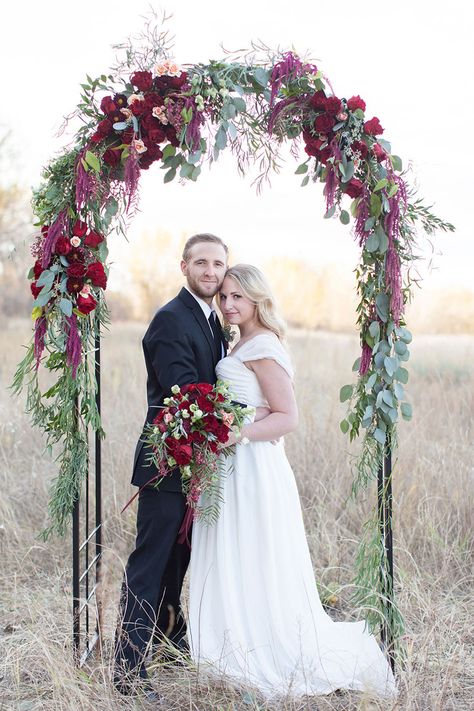 Winter Wedding Arch, Red Bouquet Wedding, Maroon Wedding, Wedding Ceremony Arch, Winter Wedding Flowers, Flowers Arrangements, Floral Arch, Wedding Flower Arrangements, Burgundy Wedding