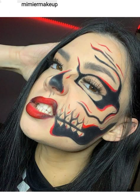 Red And Black Skeleton Makeup, Red Skeleton Makeup, Red Skull Makeup, Pretty Skull Makeup, Halloween Makeup Ideas Creative, Halloweenský Makeup, Holloween Makeup, Cute Halloween Makeup, Halloween Makeup Diy