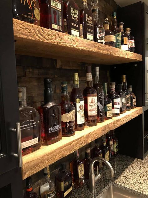 Whiskey Closet Ideas, Rustic Bar Shelves, Bourbon Display Ideas, Whiskey Display Ideas, Rustic Bar Ideas, Bourbon Display, Whisky Regal, Built In Wall Shelves, Rustic Basement Bar