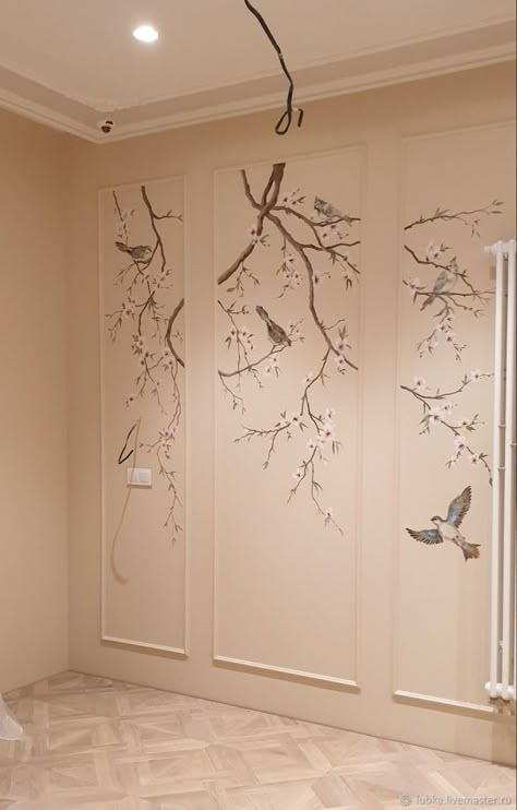 Wallpaper Wall Panelling, Bird Wall Mural Painting, Wall Painting Birds, Bird Wall Painting, Bird Room, Creative Wall Painting, Creative Wall Decor, Deco Rose, Wall Painting Decor