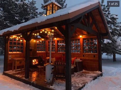 Winter Gazebo Ideas, Screen Gazebo Ideas Backyard, Screened Gazebo Ideas Backyard, Fire Pit Gazebo, Winter Gazebo, Cabin Landscaping, Small House Renovation, Mountain Lodges, Gazebo With Fire Pit