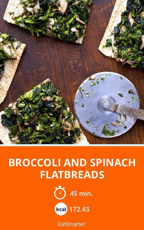 Broccoli and Spinach Flatbreads - simple dish - So healthy is the recipe: 8.4/10 | A recipe idea by EAT SMARTER | #pizza #healthyrecipes Mushroom Broccoli, Healthy Pizza Recipes, Healthy Delicious Recipes, Healthy Pizza, Sources Of Fiber, Shiitake Mushroom, Eat Smart, Green Vegetables, Healthy Delicious