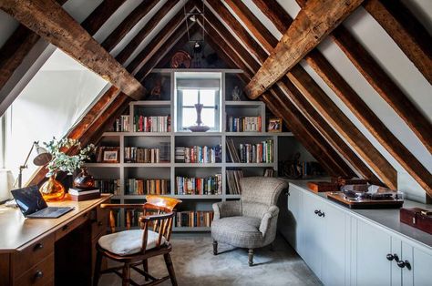 Home Office Shelves, Attic Office, Home Library Rooms, Architecture Renovation, Office Shelving, Rooms Design, Home Library Design, Bookshelf Design, Concrete Kitchen