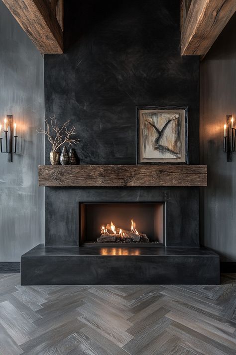 unique dark slate and tile fireplace Contemporary Fireplace Mantel, Black Fireplace With Tile, Stacked Slate Fireplace, Black Tiles Fireplace, Concrete Finish Fireplace, Fireplace Tv Wall Tile Ideas, Stamped Concrete Fireplace, Steel Fireplace Wall, Marble Fireplace Tile