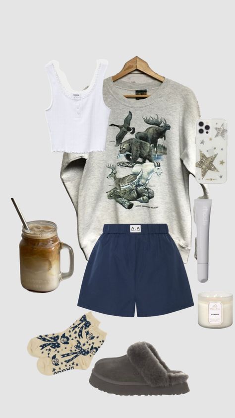 coffee run outfit, cozy outfit, boxer shorts, crew neck outfit Cozy Movie Theater Outfit, Movie Theater Outfit, Theater Outfit, Coffee Run Outfit, Neck Outfit, Run Outfit, Girl Exercise, Crew Neck Outfit, Morning Outfit