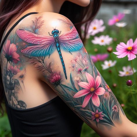 Hand Tattoos Ideas, Natur Tattoo Arm, Art With Nature, Shoulder Tattoo Ideas, Dragonfly Tattoos, Fingerprint Tattoos, Iridescent Wings, Tattoo Appointment, Bright Tattoos