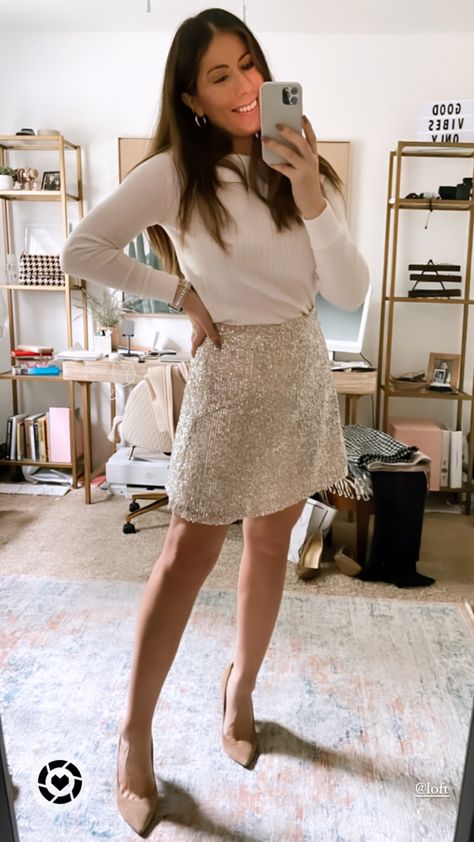 Loft Sequin Skirt, Sequin Skirt Sweater Outfit, Christmas Party Outfits Skirt, Sparkly Skirt Christmas Outfit, Christmas Party Outfits Knee High Boots, Sequin Skirt Christmas Outfit, Champagne Sequin Skirt Outfit, Cream Sequin Skirt Outfit, Daytime Christmas Party Outfit