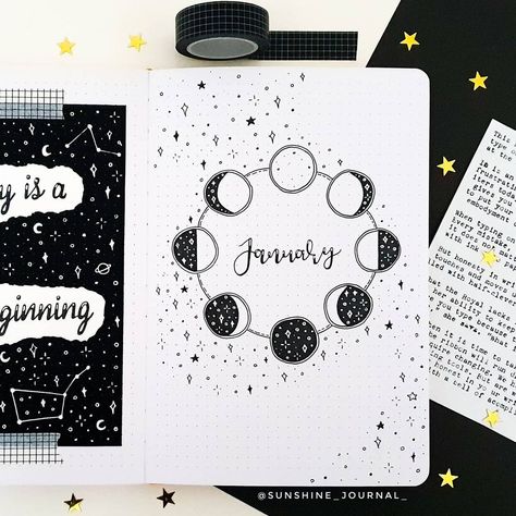 Black And White Bujo Theme, Bujo Moon Theme, Bujo Ideas January, Journal Moon Theme, Black Theme Journal, Black And White Journal Ideas, Bullet Journal January Theme, Black Journal Ideas, January Bujo Theme