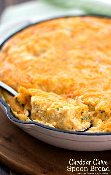 Cheddar Chive Spoon Bread Cheddar Chive Bread, Cornbread Souffle, Chive And Cheddar Biscuits, Cheddar Chive Zucchini Quick Bread, Cheddar Chive Scones, Sweet Corn Spoon Bread, Spoon Bread, Salad Pasta, Favorite Comfort Food