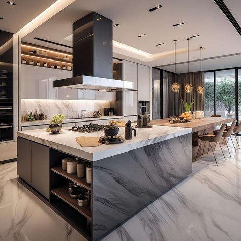 This modern kitchen’s island, topped with white marble, adds elegance to the home’s interior design. Summer Room Ideas, Cozy Room Ideas, Modern Teen Boy Bedroom, Room Ideas For Men, Modern Kitchen Island Design, Vibey Apartment, Bedroom Summer, Room Ideas For Men Bedroom, Men Bedroom