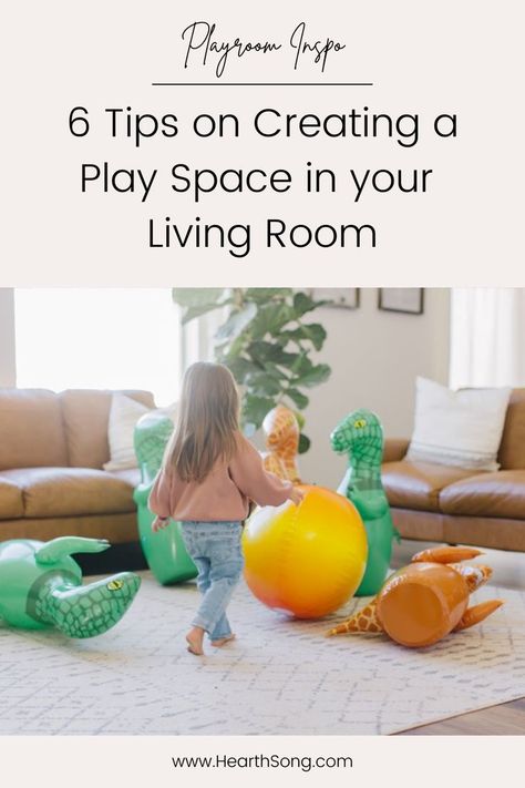 6 Tips on Creating a Play Space in your Living Room - Photo of a child playing with inflatable dinosaur bowling in a living room. Large Living Room Layout With Play Area, Living Room With Play Area Layout, Baby Play Corner In Living Room, Living Room With Toddler Play Area, Infant Play Area In Living Room, Baby Play Area In Living Room, Small Play Area In Living Room, Play Corner In Living Room, Infant Play Area