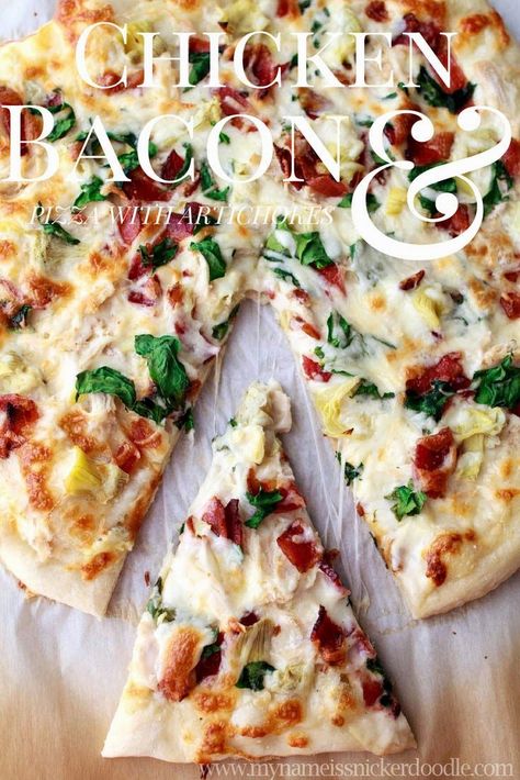 Chicken Bacon Artichoke Pizza with a Creamy Garlic Sauce | My Name Is Snickerdoodle Chicken Bacon Artichoke, Perfect Pizza Dough Recipe, Pizza Stromboli, Garlic Sauce For Chicken, Chicken Artichoke, Artichoke Pizza, Perfect Pizza Dough, Spinach Pizza, Bacon Pizza