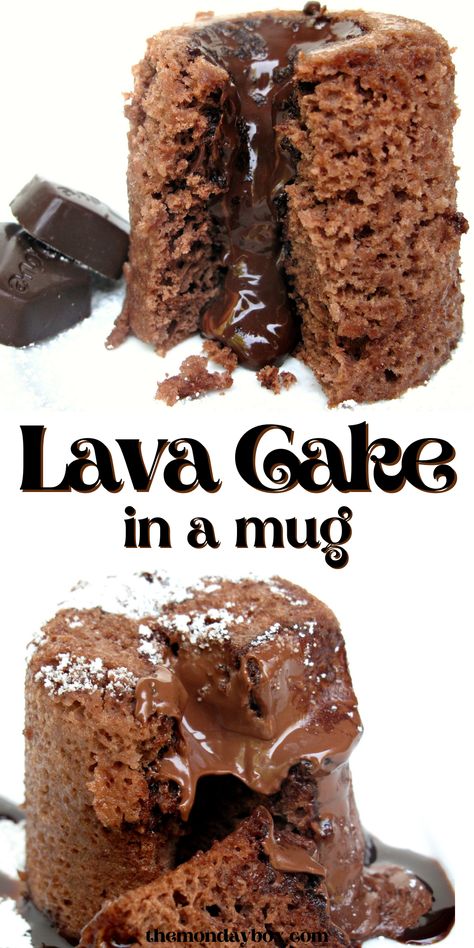 Two chocolate mug cakes with melted chocolate centers. Box Mug Cake Microwave, Cakes For One, Eggless Mug Cake Microwave, Mug Lava Cake, Lava Cake In A Mug, Cakes In A Cup, Microwave Cupcake, Cake In A Mug Recipe, Microwave Cakes