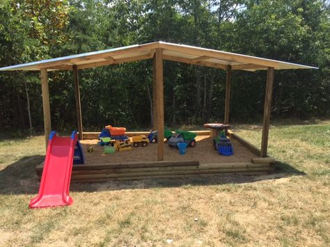 Outside Truck Play Area, Carport Play Area, Temporary Sand Pit, Shaded Outdoor Play Area Kids, Rock Pit For Kids, Rock Pit Play Area, Kids Dirt Play Area, Simple Outdoor Play Area, Digging Area For Kids