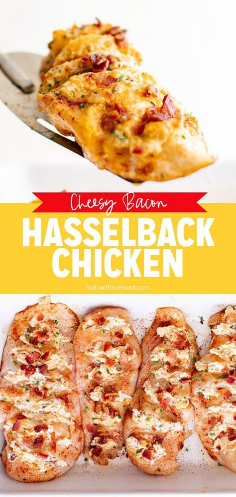 Fall Chicken Breast Recipes, Chicken Breast With Bacon, Chicken Breast Stuffed, Simple Chicken Recipes, Hasselback Chicken, Yellow Bliss Road, Perfect Baked Potato, Cheesy Bacon, Simple Chicken