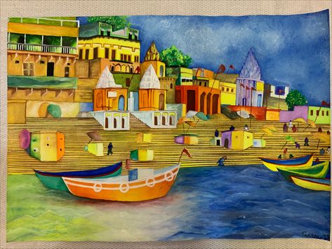 Save Ganga River Poster Drawing, Ganga Painting, Dev Diwali, River Drawing, Ganga River, Narmada River, River Side, River Painting, Human Figures